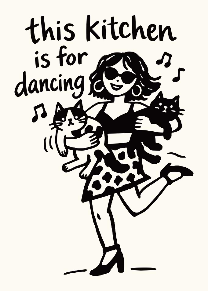 Woman dancing with cats in kitchen