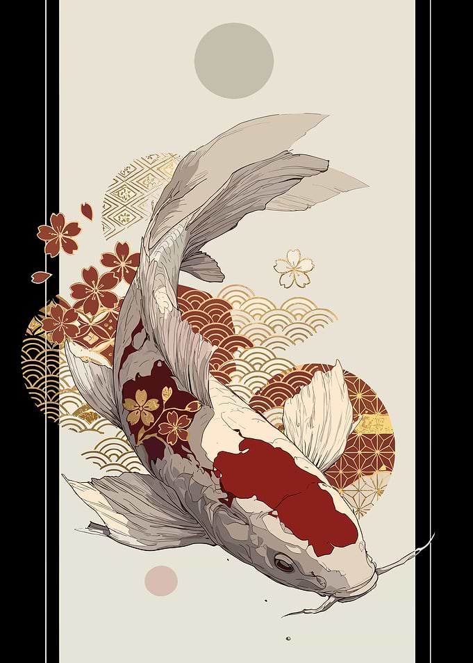 Koi Fish with Cherry Blossoms and Japanese Patterns