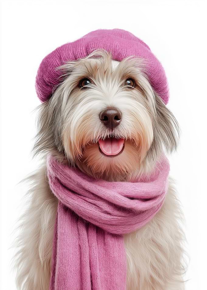 Cozy Tibetan Terrier Wearing Pink Hat and Scarf