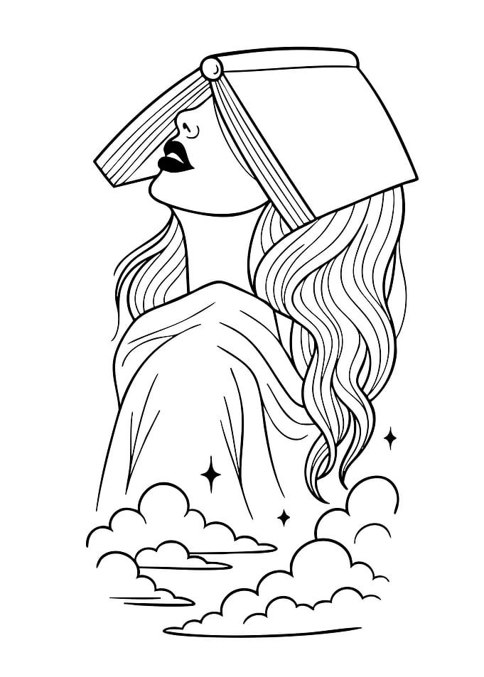 Woman with Book Hat and Clouds