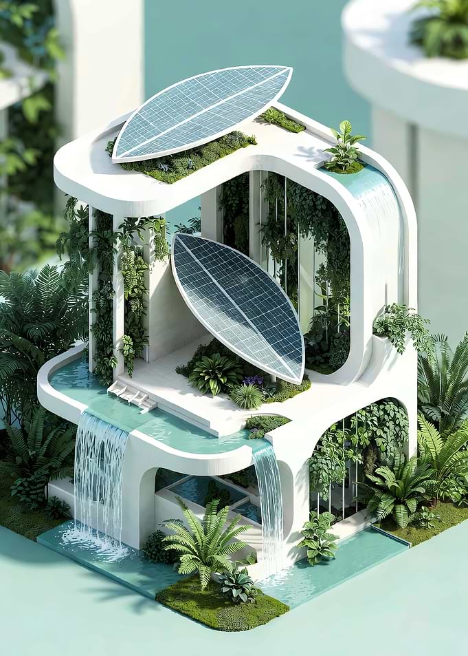 Futuristic Eco-Friendly Building with Waterfalls