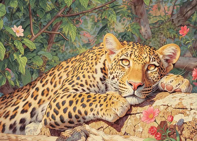 Leopard resting in a lush forest