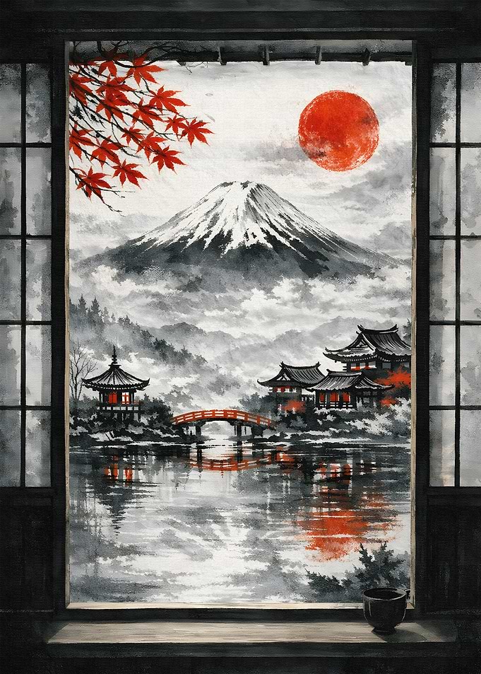 Mount Fuji with Red Sun and Pagodas