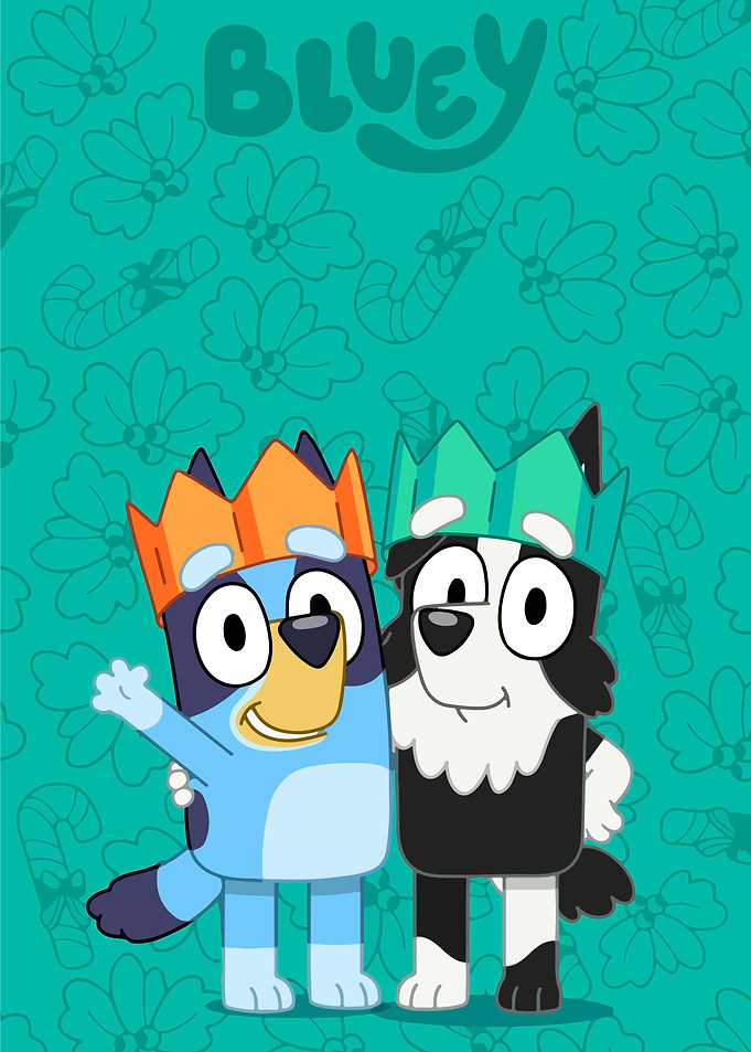 Bluey and Bingo in Party Hats
