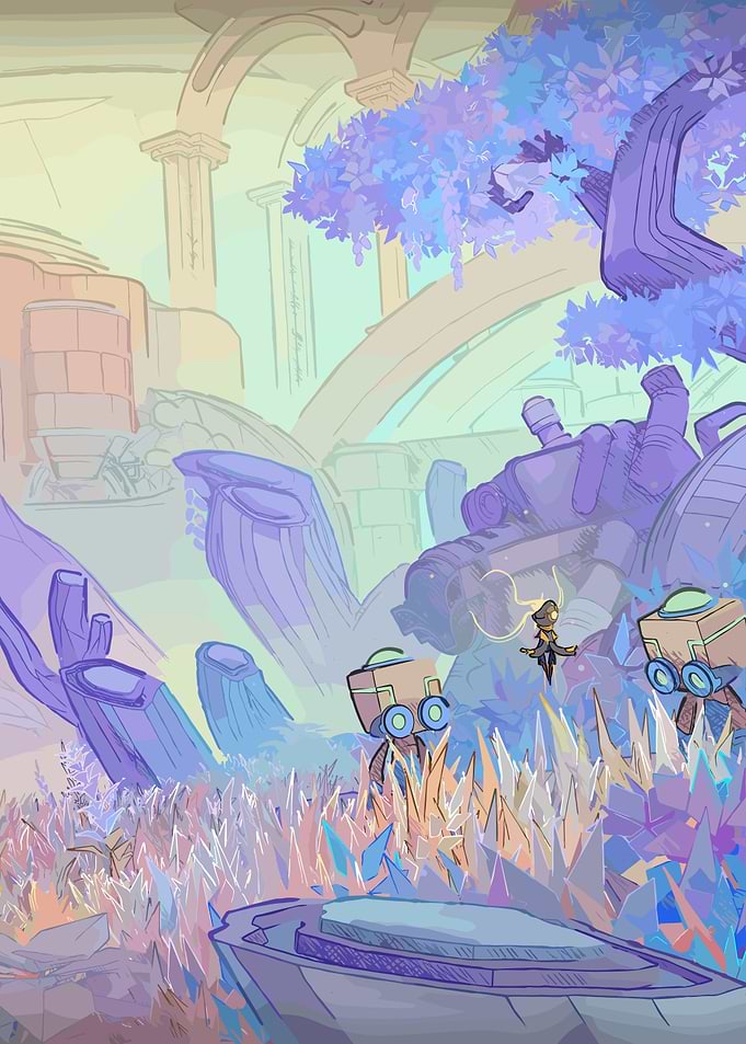 Futuristic Ruins with Robots and Character