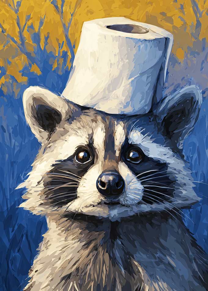 Raccoon Wearing a Toilet Paper Hat