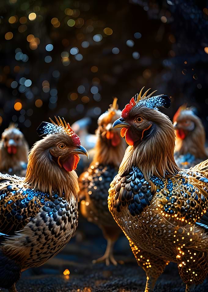 Roosters with Decorative Feathers