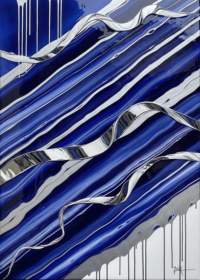 Blue Abstract Wall Art for Living Room – Silver Modern Luxury Decor