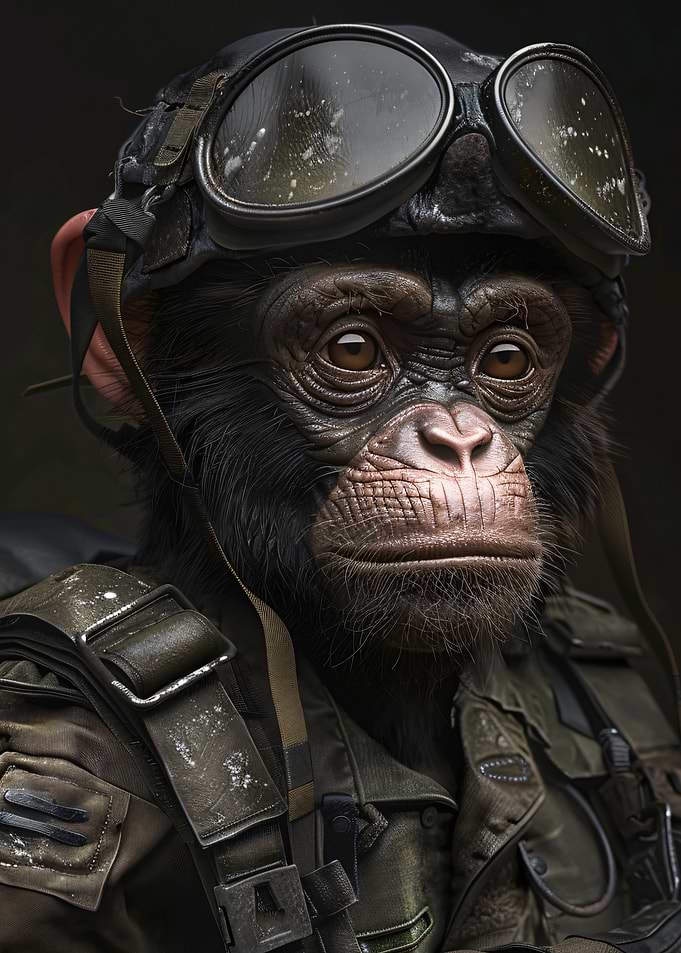 Chimpanzee in military gear and goggles