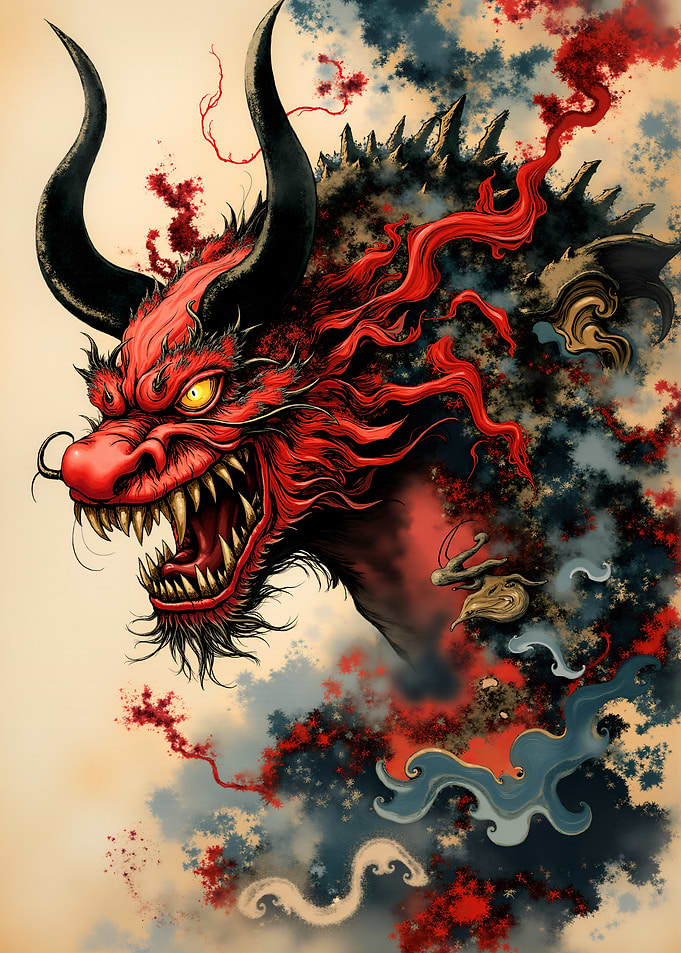 Fierce Red Dragon with Black Horns