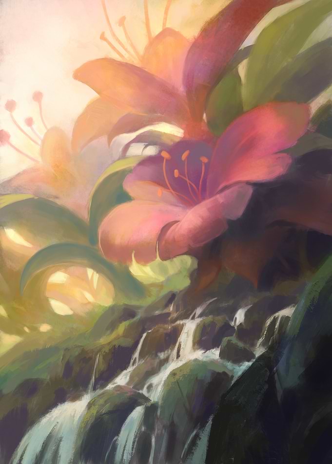 Lush Waterfall with Blooming Flowers