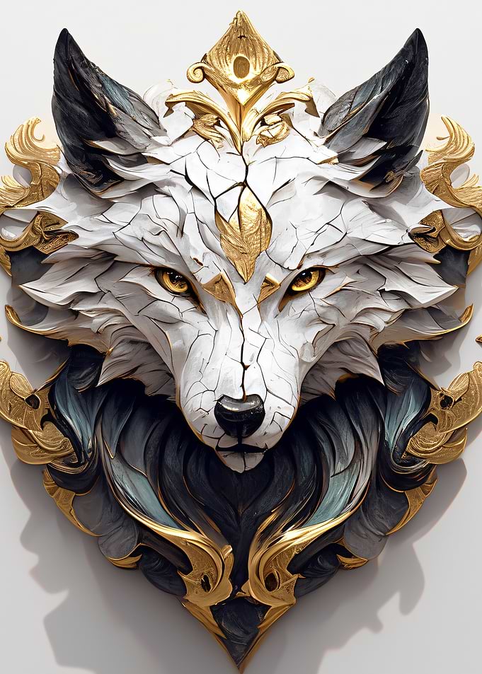 Ornate White Wolf Head Sculpture