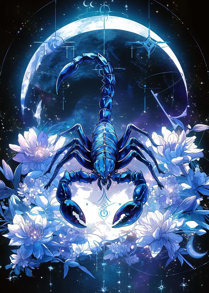 Scorpio Zodiac with Moon and Flowers