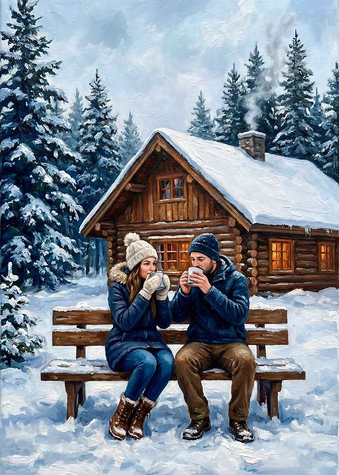 Couple enjoying hot drinks in snowy cabin setting