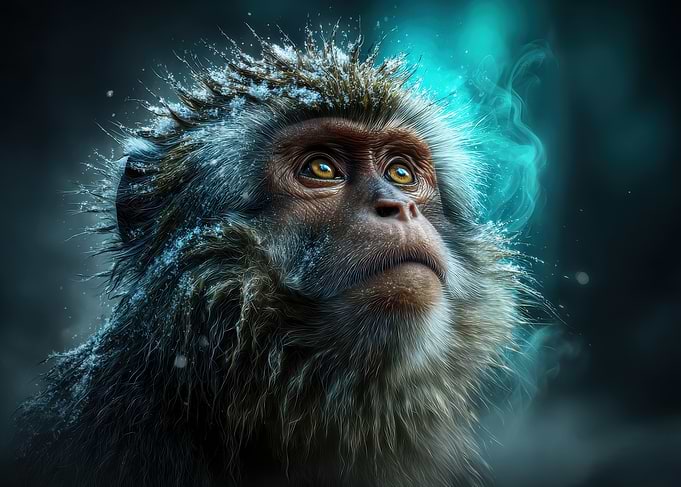 Snow-covered monkey with glowing aura