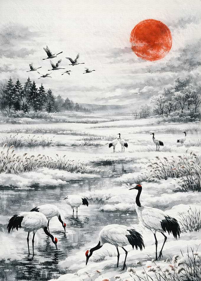 Red-crowned cranes in a snowy landscape