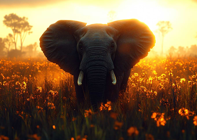 Elephant in a field at sunset