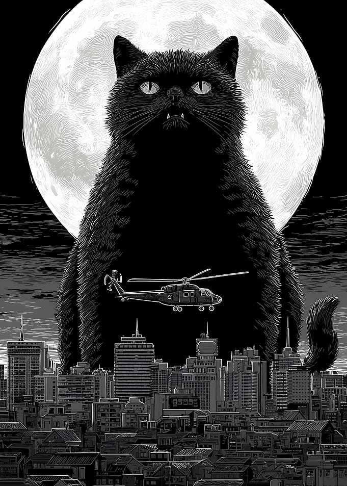 Anime Giant Black Cat Over City