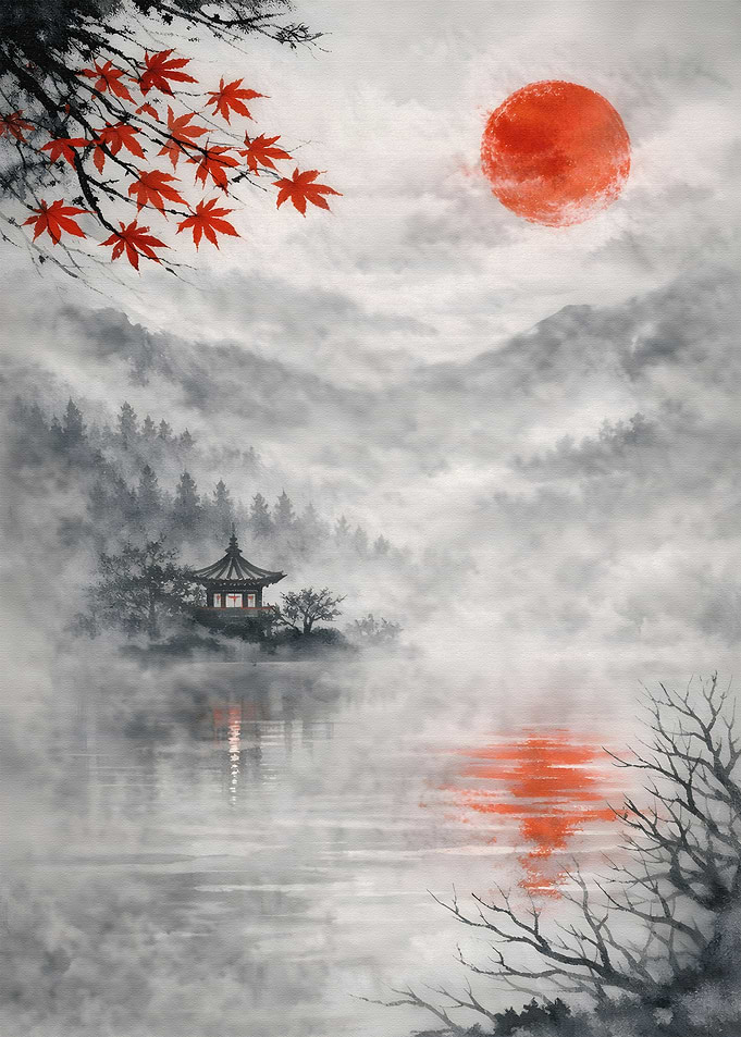 Misty Mountain Pagoda with Red Sun