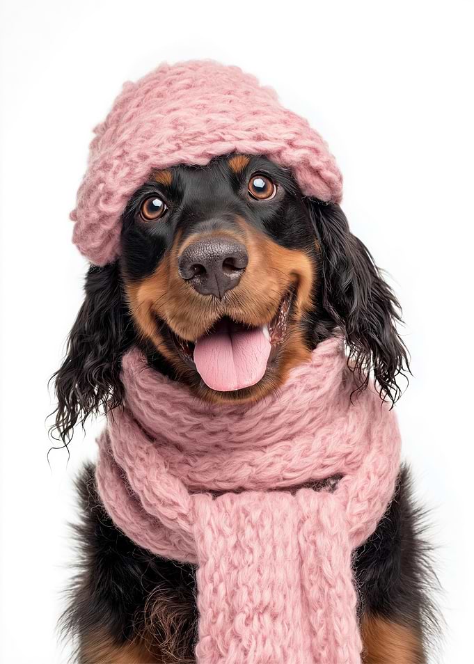 Cozy Gordon Setter Dog Wearing Pink Scarf and Hat