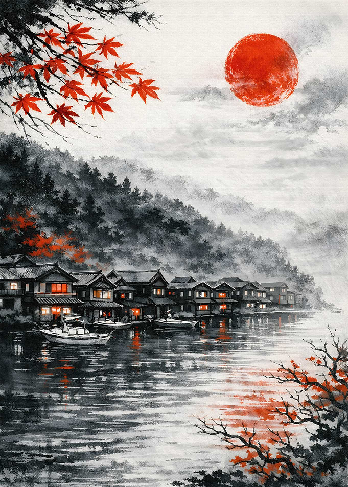 Japanese Village by the Water at Sunset