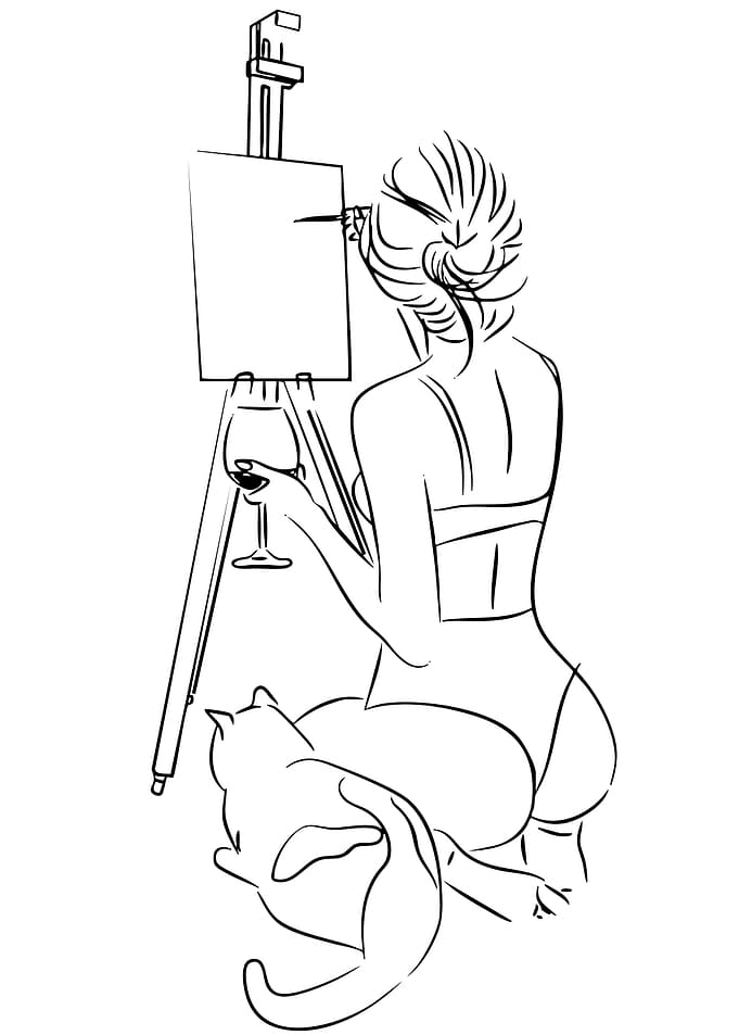 Artist painting with cat and wine