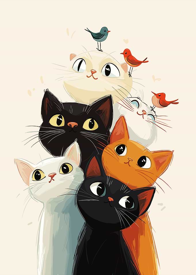 Cute Cats and Birds Illustration