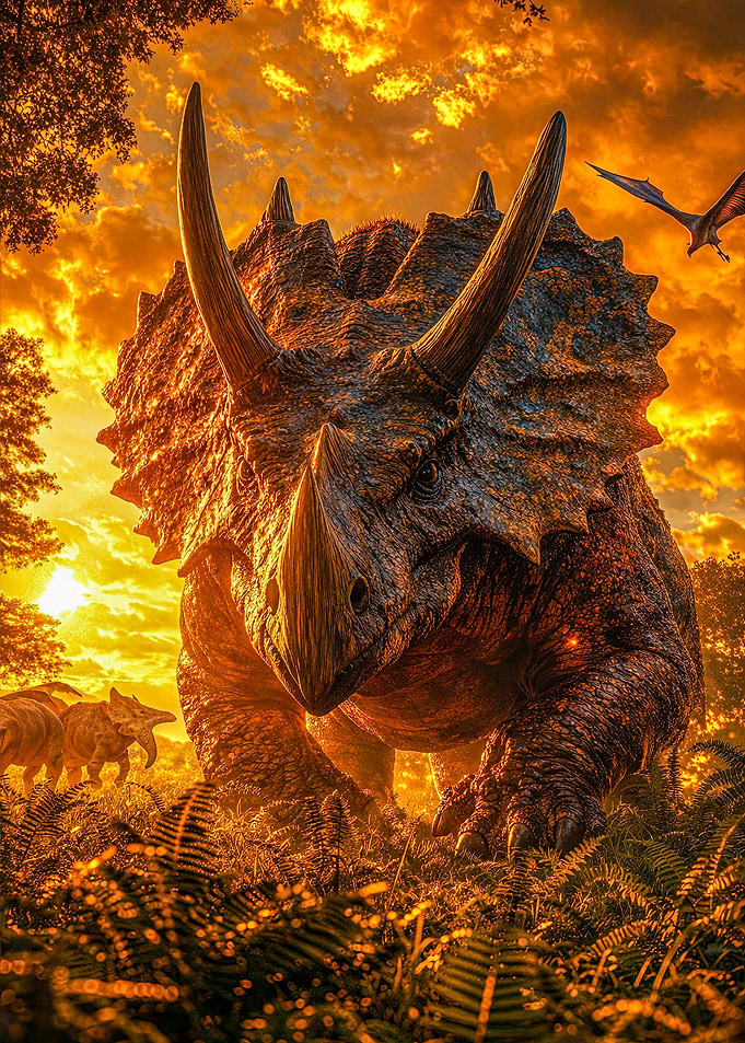 Triceratops in a fiery sunset