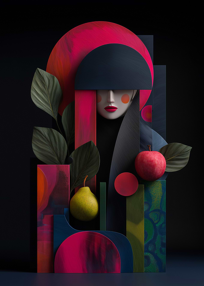 Surreal Portrait with Fruits and Geometric Shapes