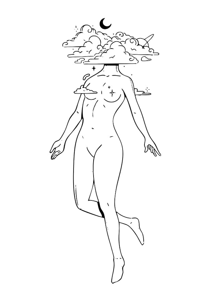 Woman with Cloud Head and Moon