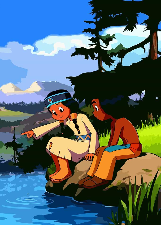 Two Native American children by the water