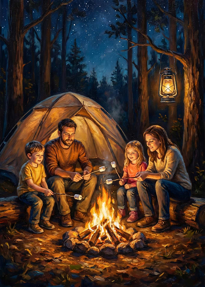 Family Roasting Marshmallows by Campfire