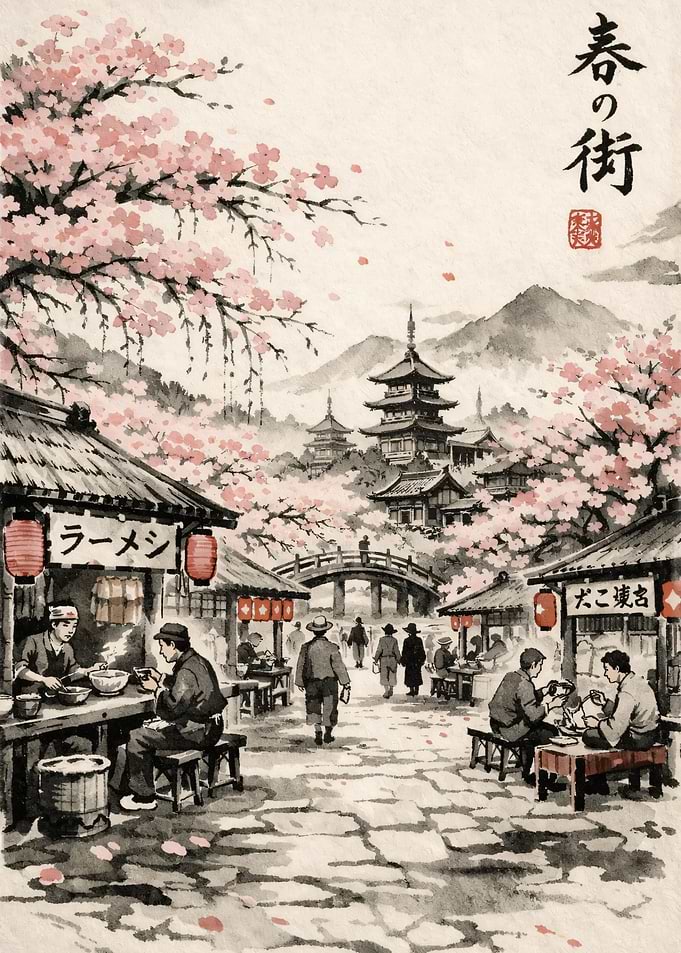 Japanese Street Scene with Cherry Blossoms