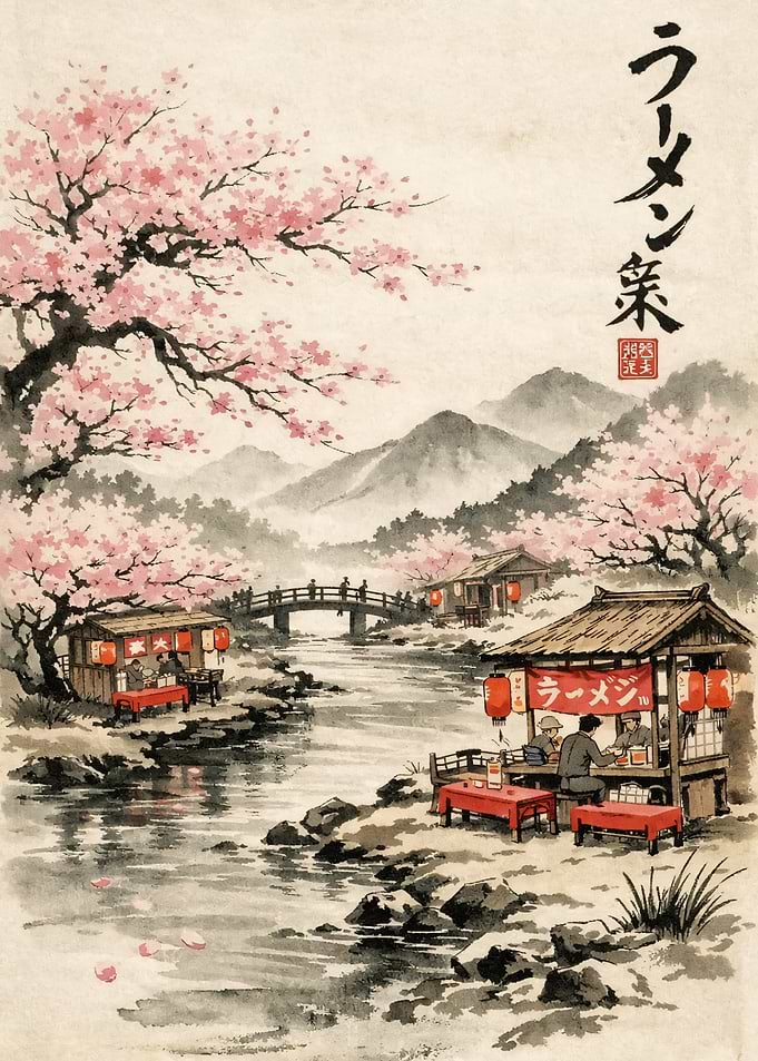 Japanese Ramen Shop Under Cherry Blossoms