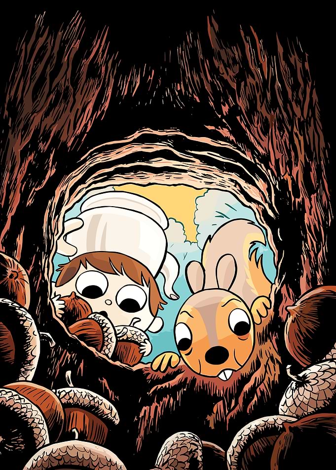 Child and Squirrel in Acorn Pile