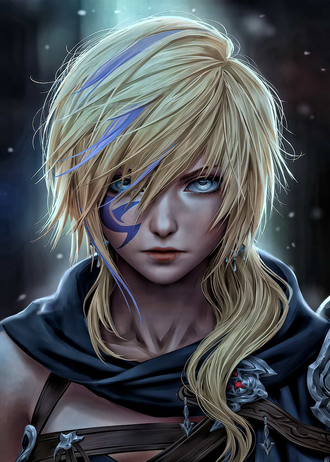 Anime warrior with blue markings