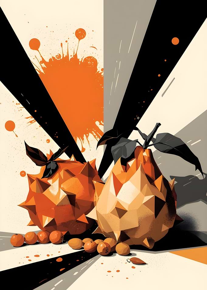 Geometric Spiky Fruit Still Life — Orange Pop-Art Low-Poly Illustration