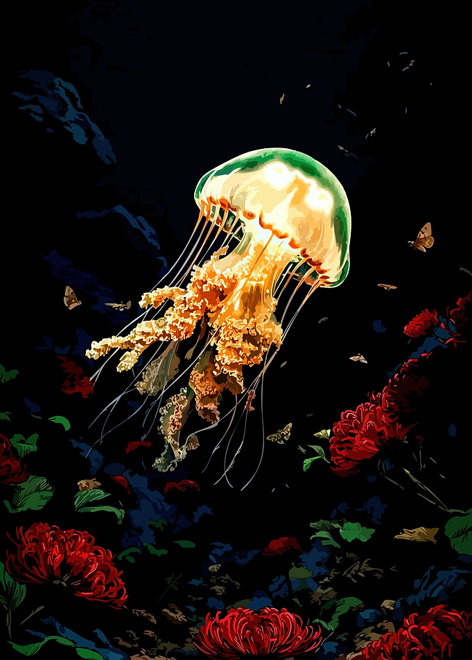 Jellyfish and Flowers in Dark Water