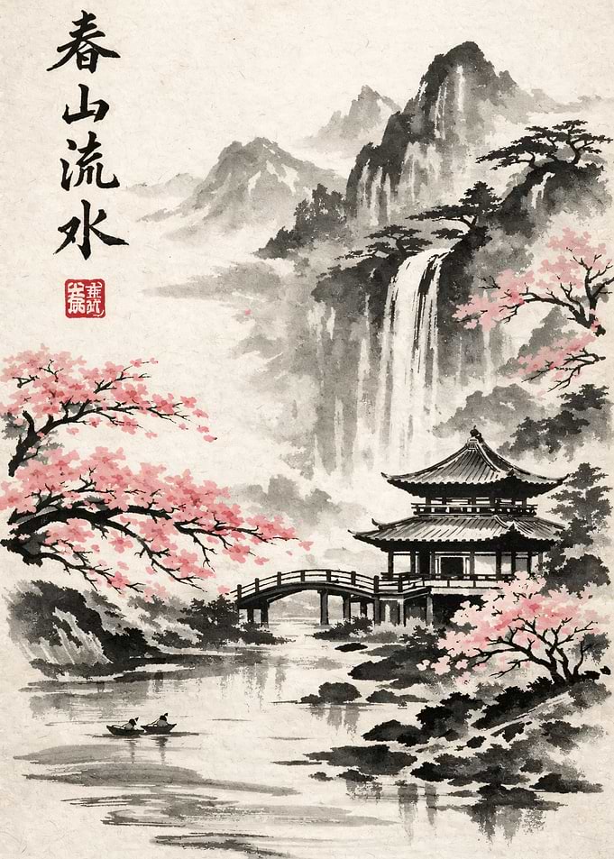 Japanese Landscape with Pagoda and Cherry Blossoms
