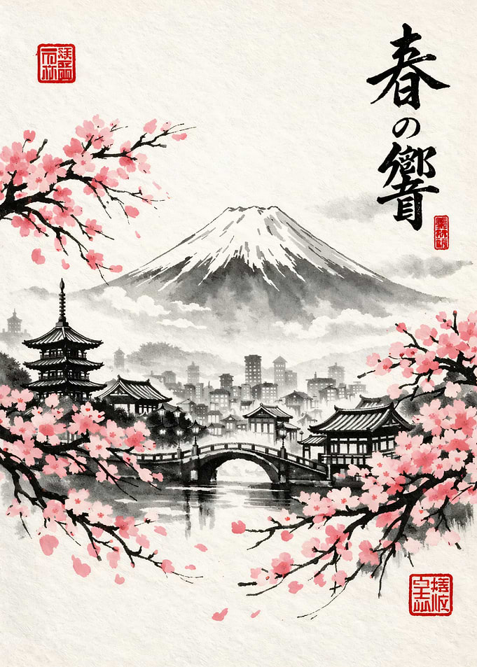 Mount Fuji with Cherry Blossoms and Pagoda