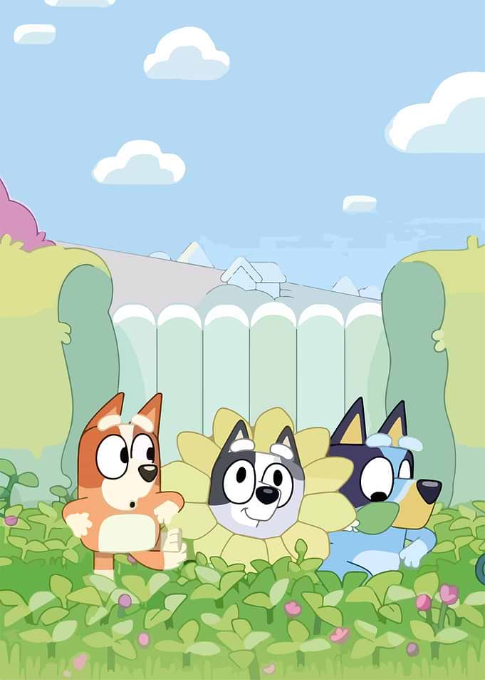Bluey characters in a garden