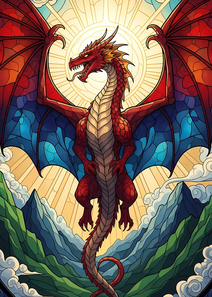 Stained Glass Dragon Over Mountains