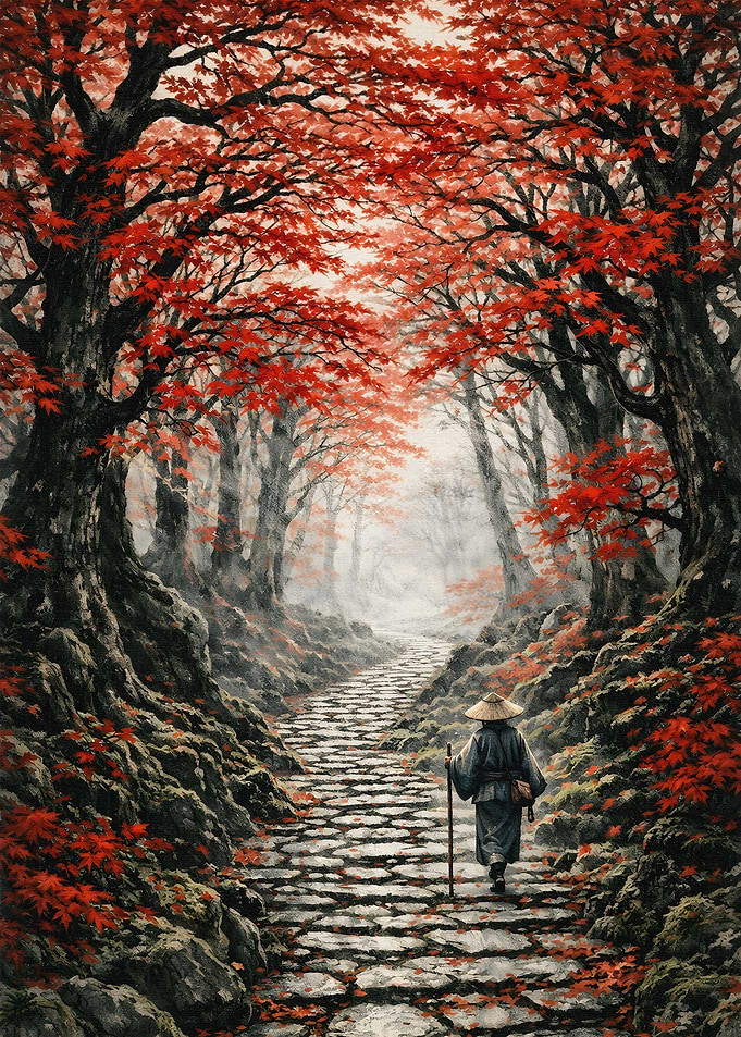Pilgrim on a Stone Path in Autumn Forest