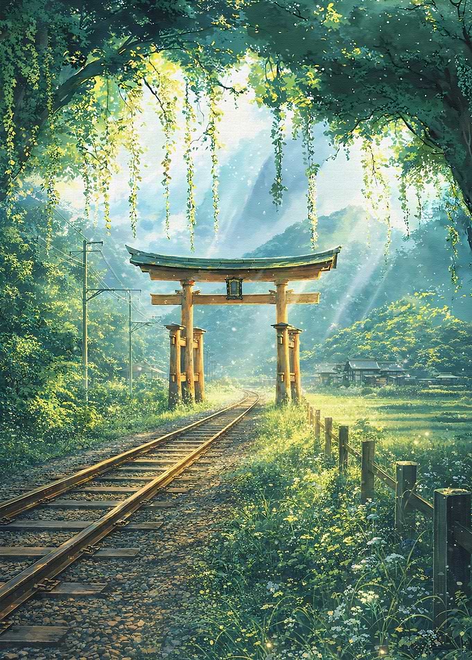 Tranquil Torii Gate and Train Tracks