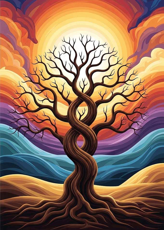 Twisted Tree Against a Vibrant Sunset