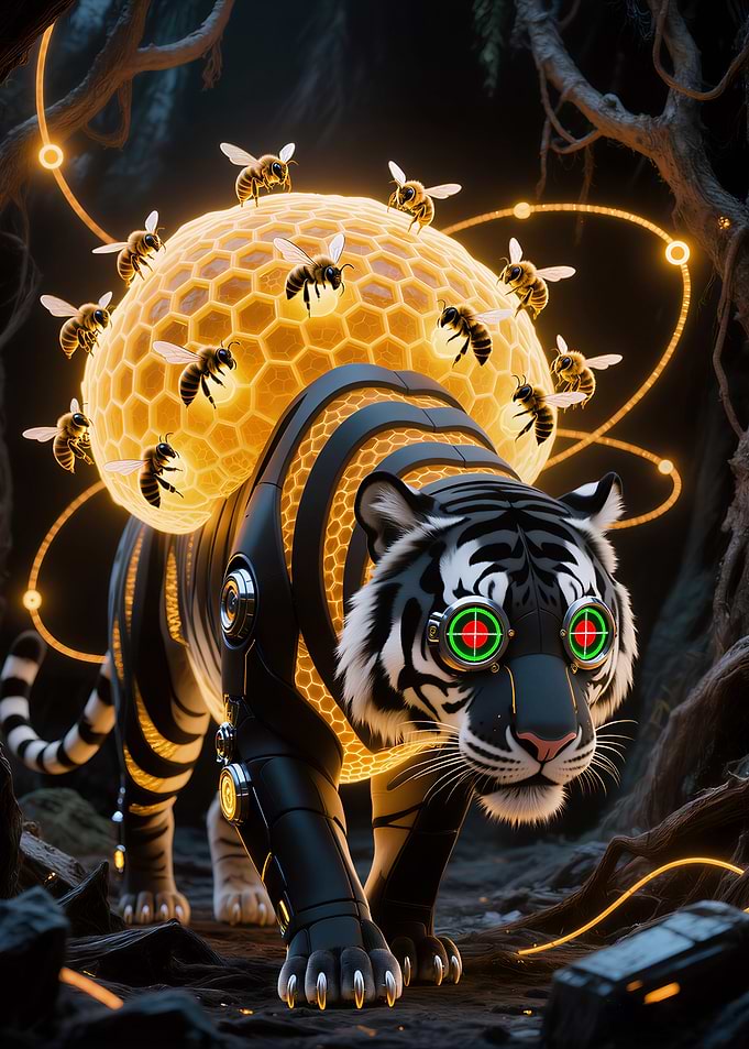 Cybernetic Royal Tiger with Golden Honeycomb Hive – Futuristic Bee Guardian