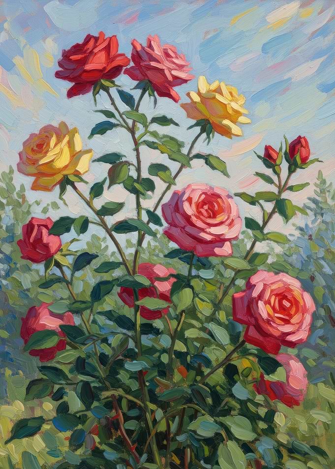 Oil Painting of a Rose Bush