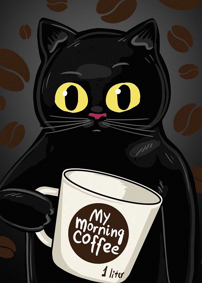 Black Cat with Coffee Mug