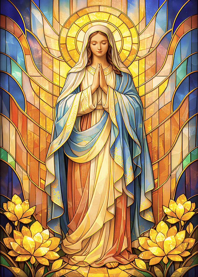 Stained Glass Virgin Mary with Flowers