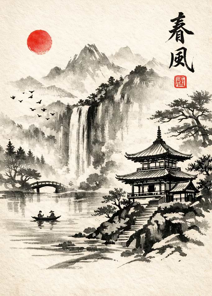 Japanese Landscape Painting with Pagoda